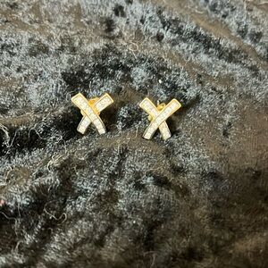 White Rhinestone, Gold Tone, “X”Earrings